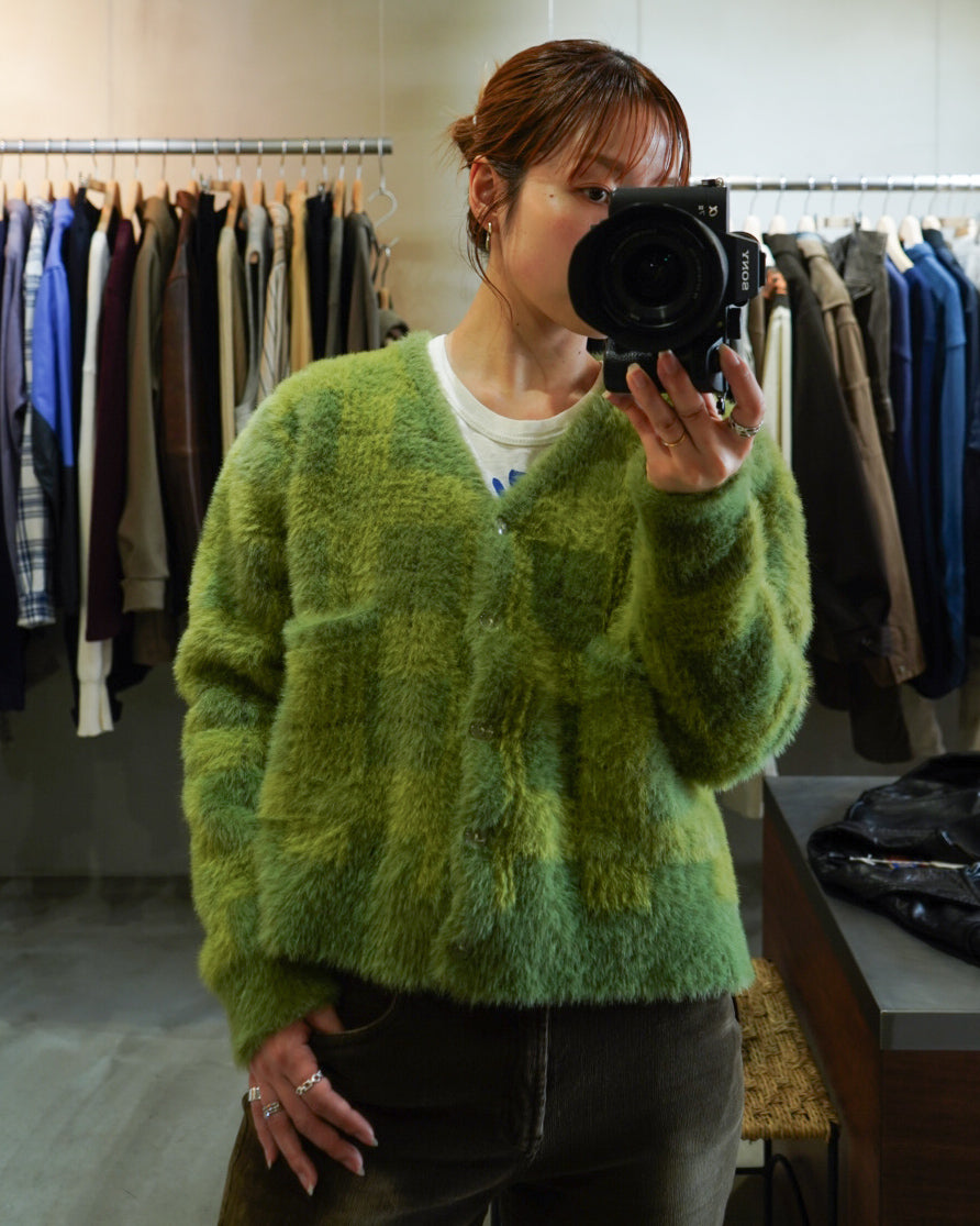 " ladies " check design mohair cardigan