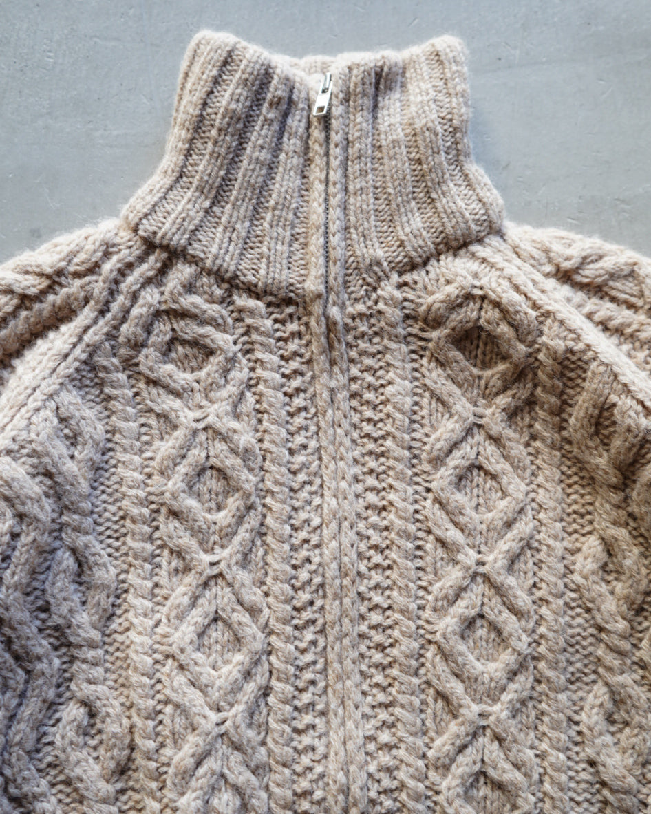 wool rich aran knit zip-up sweater