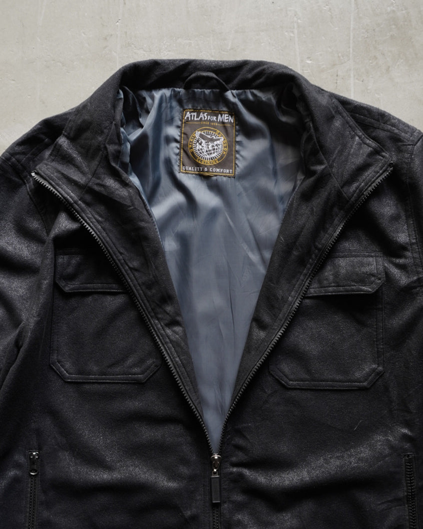 ATLAS FOR MEN fake leather zip-up stand collar jacket