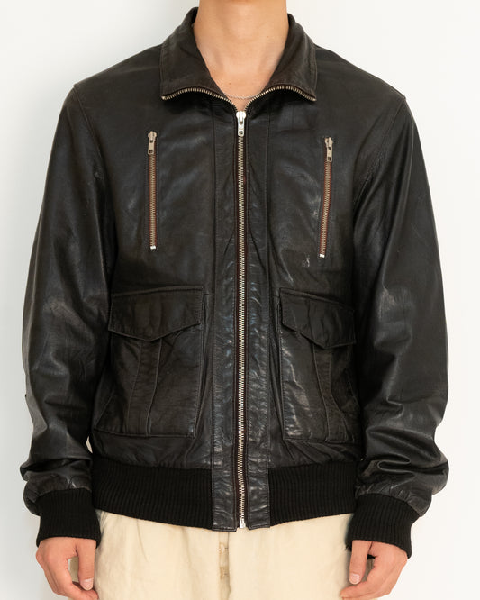 Military modify zip up design leather jacket