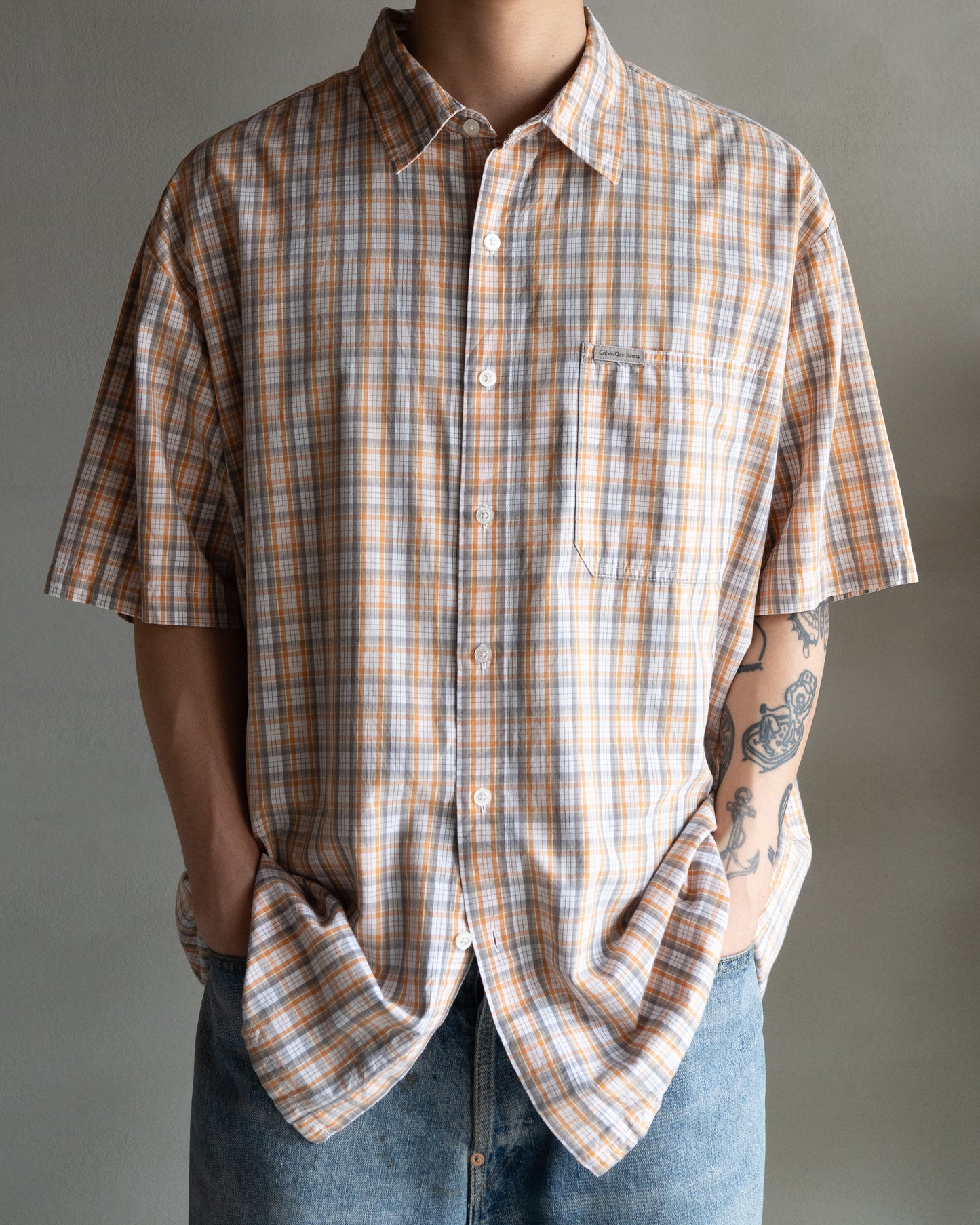 Calvin Klein Jeans cotton orange/gray check shirts .. box silhouette..