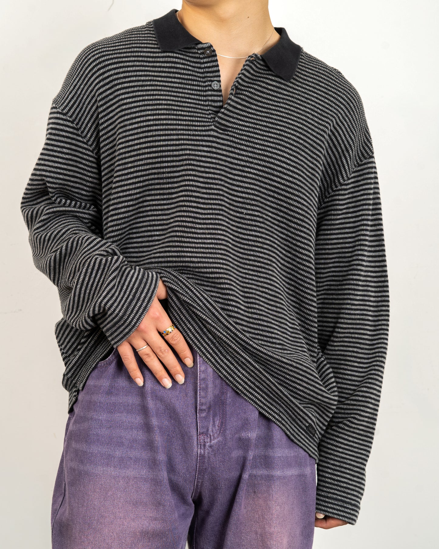 "Calvin Klein"Stripe L/S knit polo shirt
