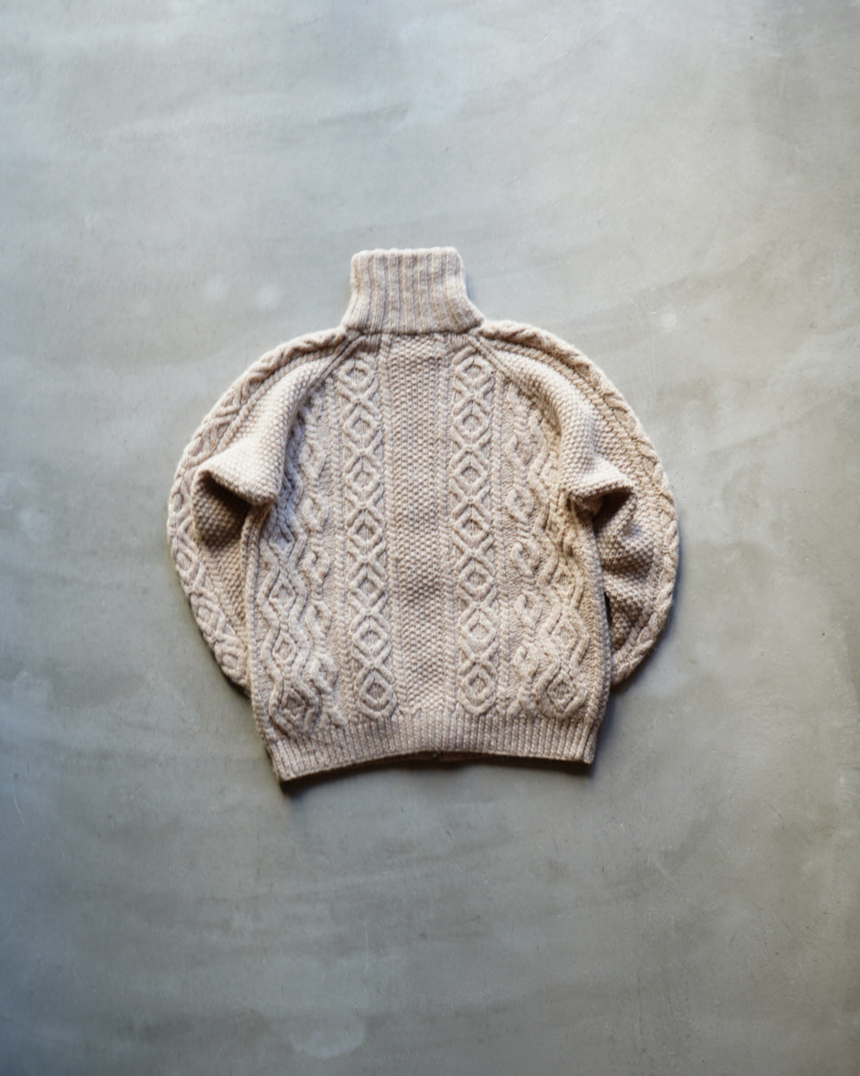 wool rich aran knit zip-up sweater