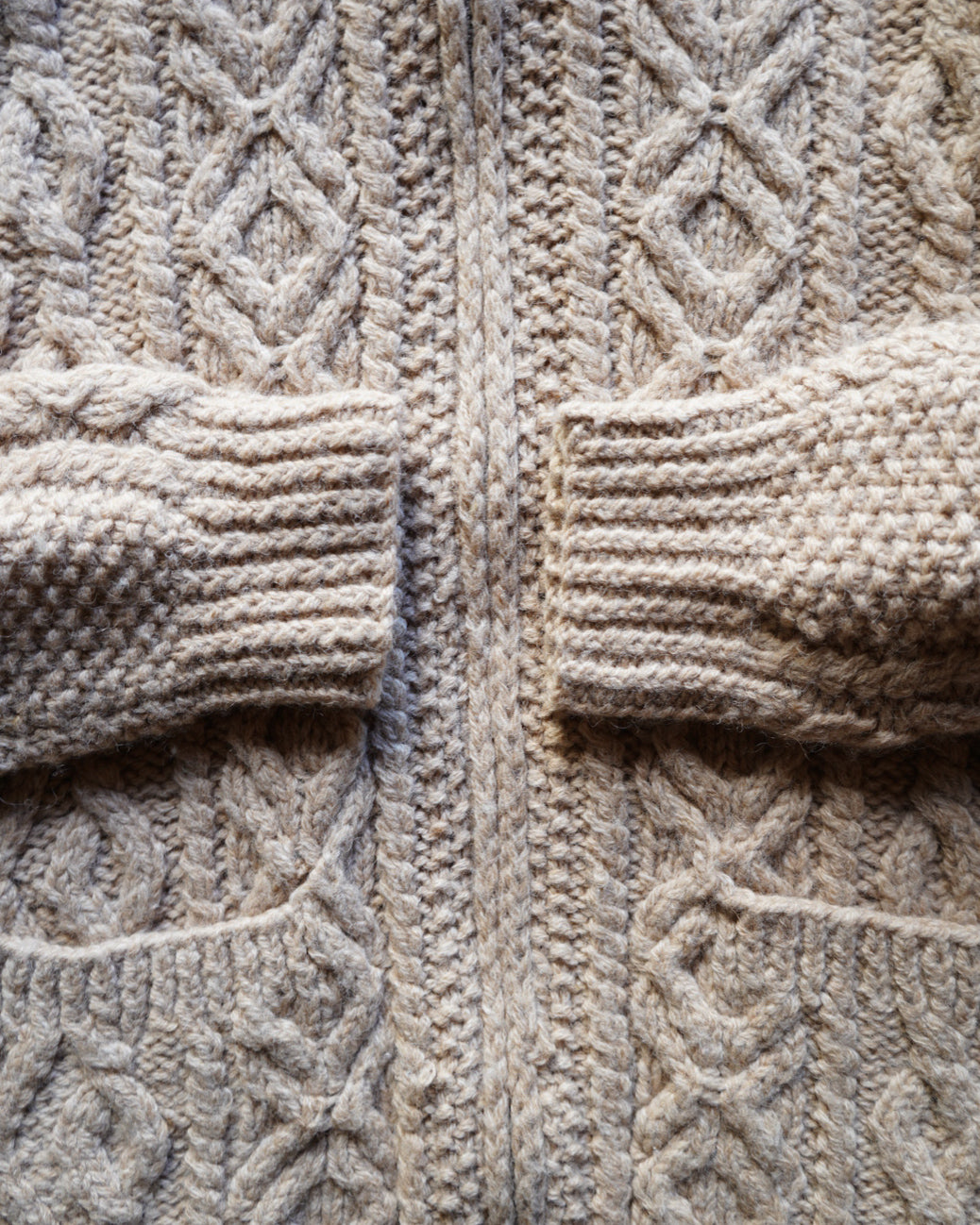 wool rich aran knit zip-up sweater
