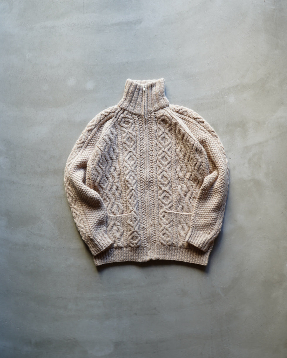 wool rich aran knit zip-up sweater