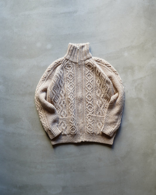 wool rich aran knit zip-up sweater